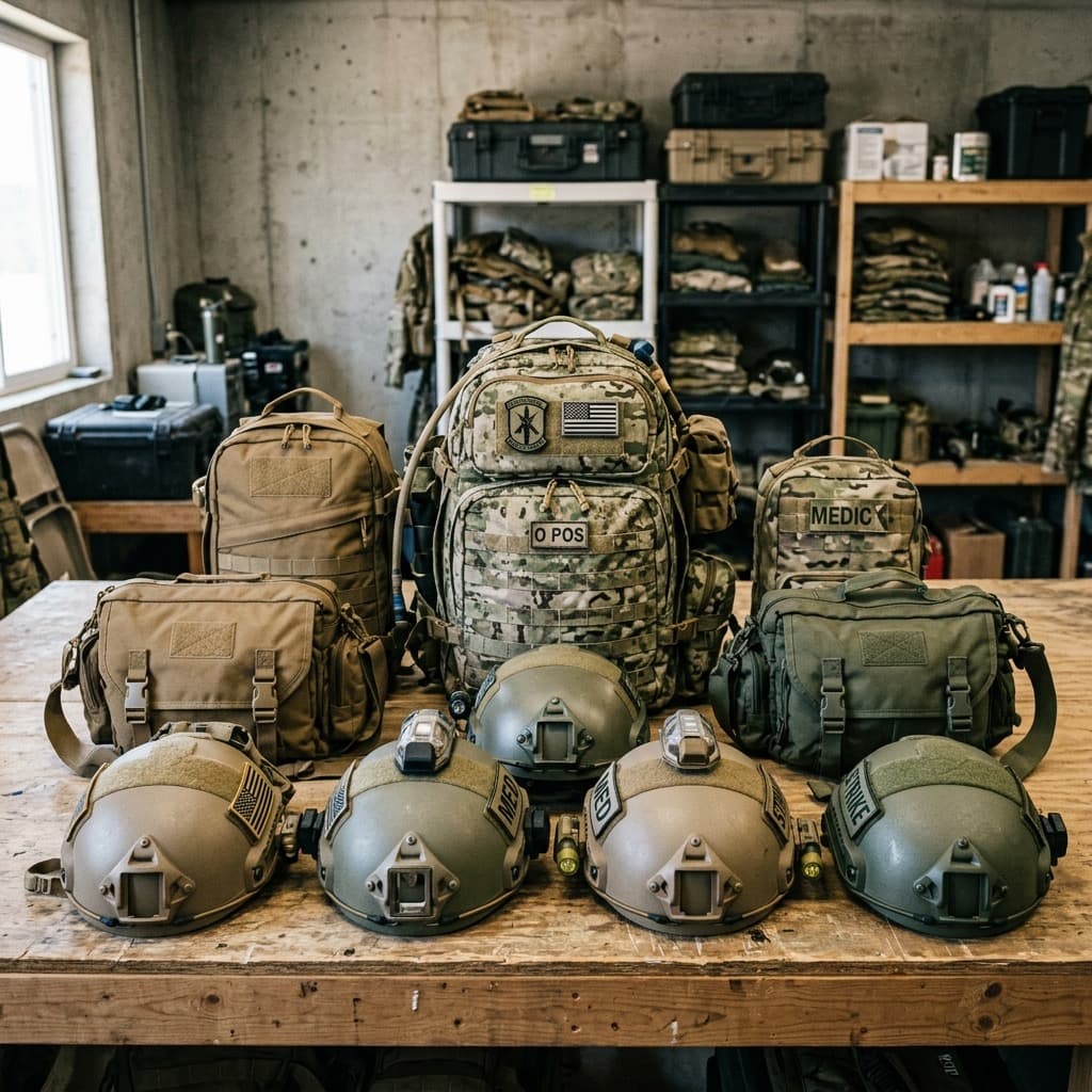 Field packs, kit bags, and load-carriage equipment laid out for inspection